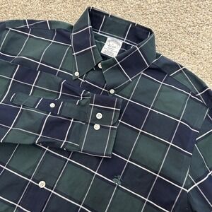 Brooks Brothers Button Down Shirt Large Green Navy Plaid Regent Non-Iron Cotton